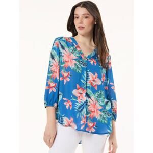 Jones New York Women's Blue Lagoon Multi Printed Chiffon Tunic Top Size XS NWT